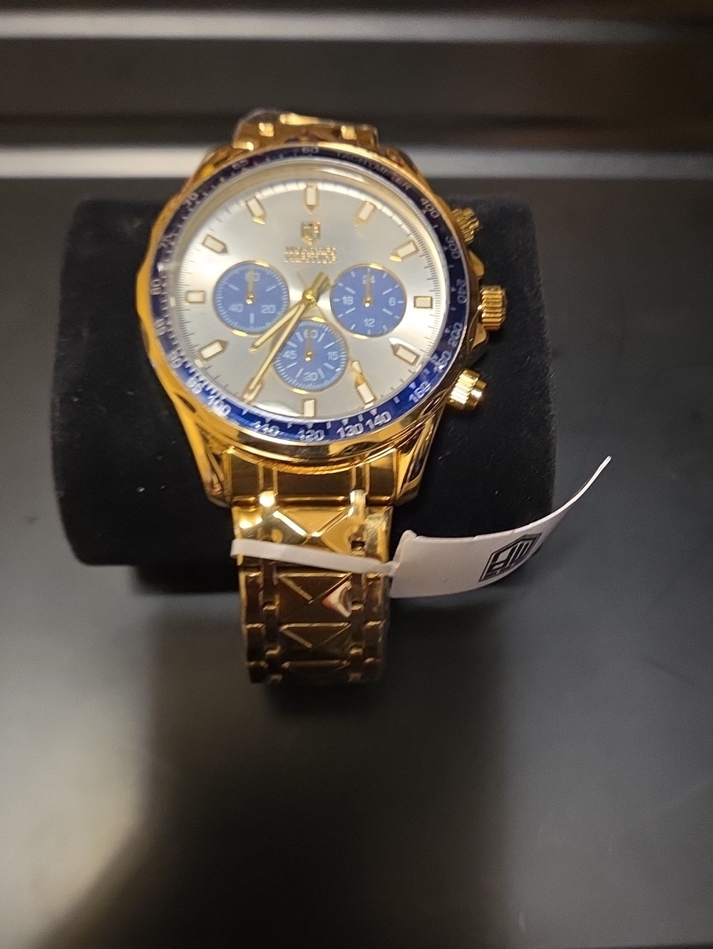 Gold-Tone Men's Chronograph Watch with Blue Dial Accents